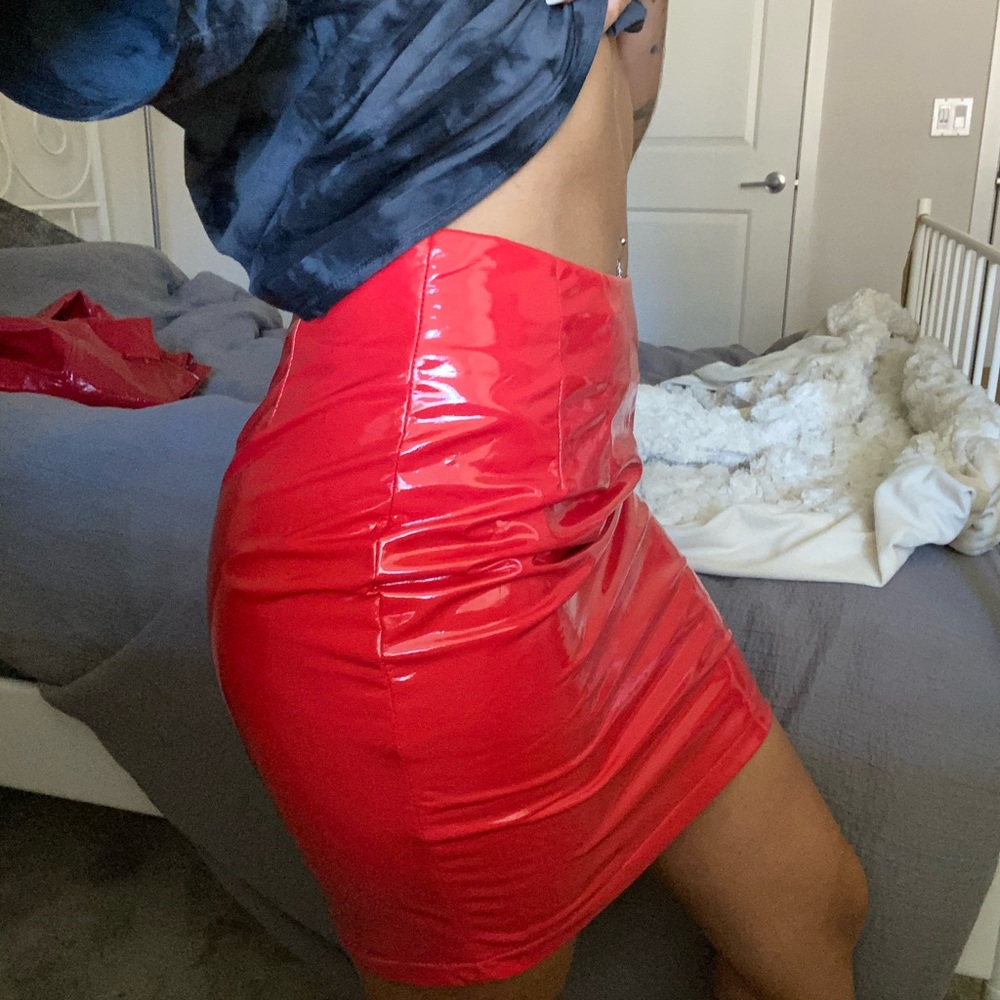red pleather skirt